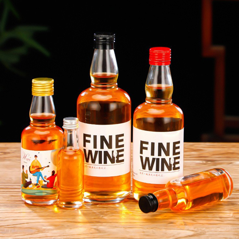 Оптовая продажа, круглая стеклянная бутылка для текилы, виски, водки, 50 мл, 100 мл, 200 мл, 375 мл, 500 мл, стеклянная бутылка для ликера с завинчивающейся крышкой