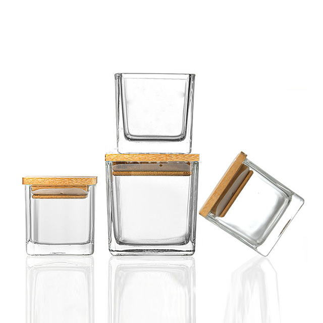 Дешевые 80 мл, 120 мл, 200 мл, 300 мл, пустые квадратные банки для свечей, прозрачные с натуральной деревянной пробковой крышкой