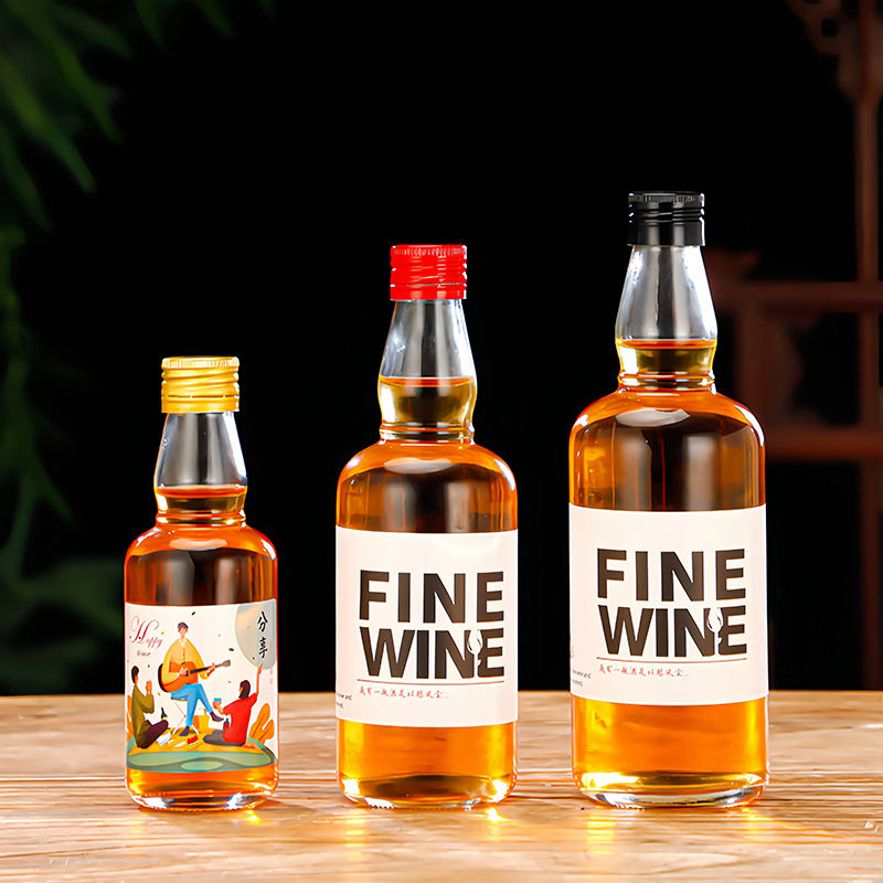 Оптовая продажа, круглая стеклянная бутылка для текилы, виски, водки, 50 мл, 100 мл, 200 мл, 375 мл, 500 мл, стеклянная бутылка для ликера с завинчивающейся крышкой