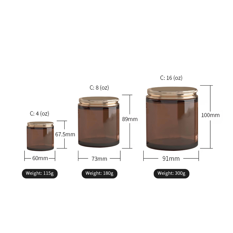Роскошная янтарная пустая стеклянная банка для свечей с прямыми стенками на 4 унции, 8 унций, 16 унций и металлическими алюминиевыми крышками